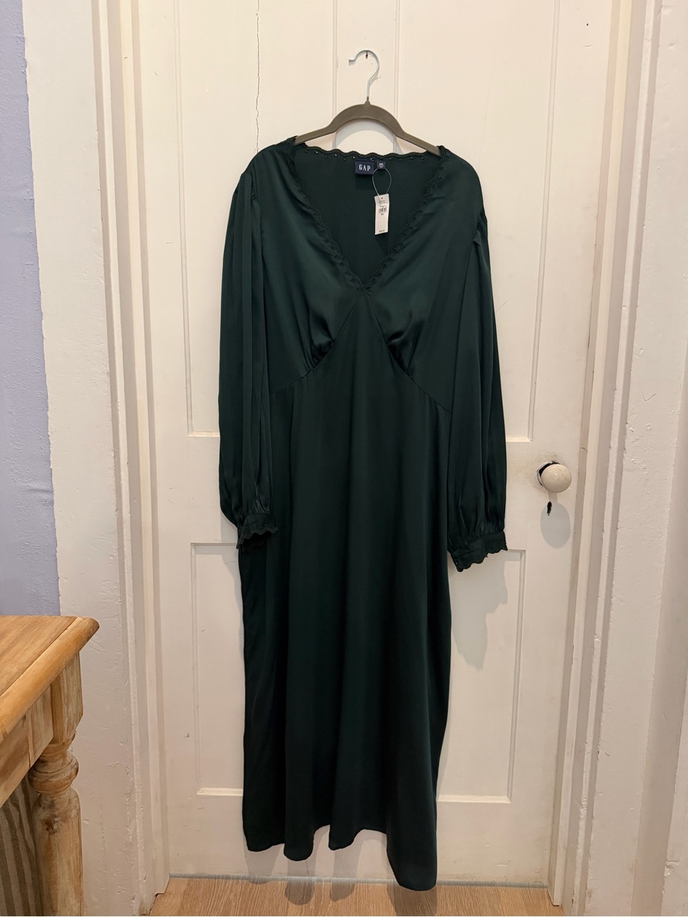 Gap Forest Green Satin Midi Dress NWT Lace Trim V-Neck